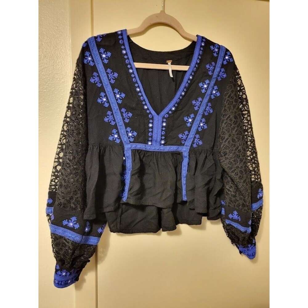 FREE PEOPLE Boogie All Night Embroidered Top Boho Long Lace Sleeves Sz XS